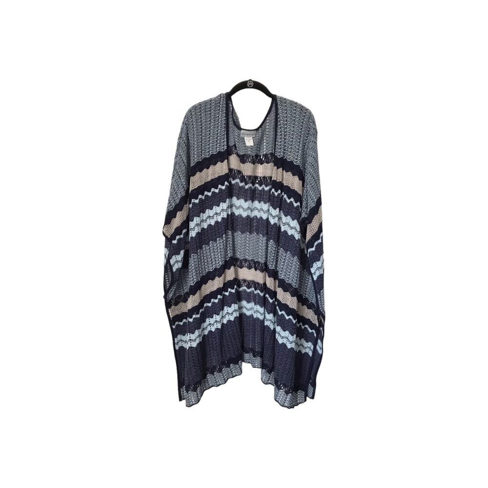 Catherines Sweater Size 4X Blue Striped Sleeveless Open Front Cardigan Kimono